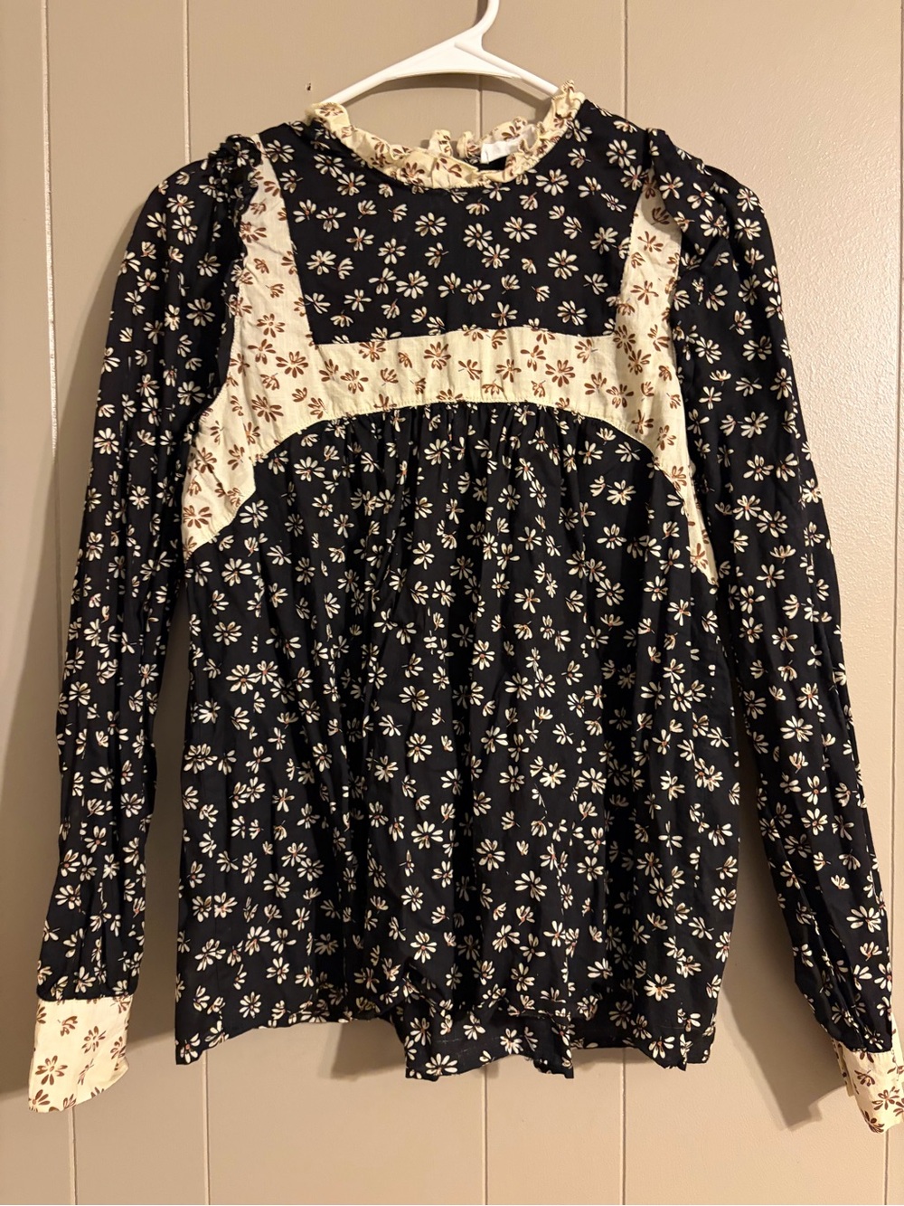 In Bloom Black Floral Long Sleeve Peasant Top with Cream Panels